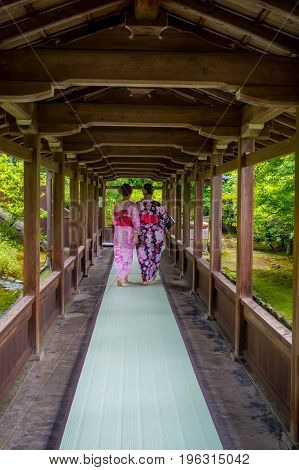KYOTO, JAPAN - JULY 05, 2017: Unidentified people walking through the Hojo Hall of Tenryu-ji in the Arashiyama district of Kyoto.