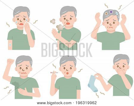 set of body odor: sweat, bad breath, hair, armpits, smoke, and socks
