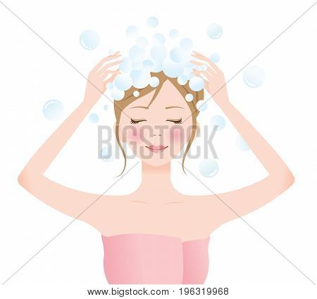 beautiful woman washing her hair with shampoo