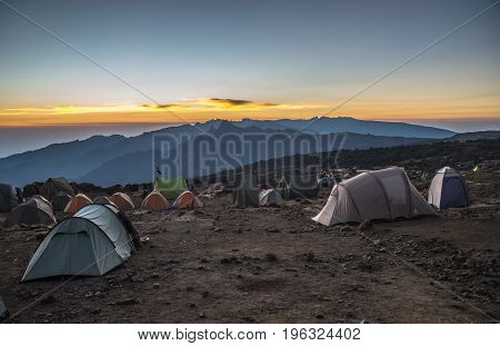 Campsite view in Kilimanjaro Machame route trail Tanzania