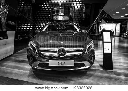 BERLIN - JANUARY 24 2015: Compact executive crossover Mercedes-Benz GLA250 4Matic. Black and white. Produced since 2013.