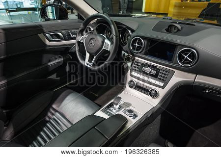 BERLIN - JANUARY 24 2015: Cabin of a sports car Mercedes-Benz SL500 (R231). Produced since 2012.