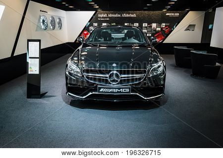 BERLIN - JANUARY 24 2015: Showroom. Mid-size luxury car Mercedes-Benz CLS 63 AMG. Produced since 2013.