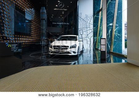 BERLIN - JANUARY 24 2015: Showroom. Compact executive car Mercedes-Benz CLA200. Produced since 2013.