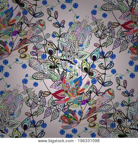 Vector seamless floral pattern with flowers leaves decorative elements splash blots drop Hand drawn contour lines and strokes Doodle sketch style graphic vector drawing illustration.