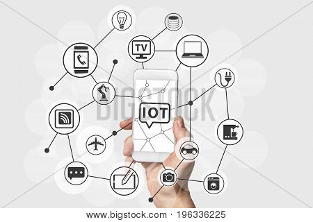 Internet of Things (IOT) concept with hand holding modern white and silver smart phone. Connected devices in the cloud as technology background