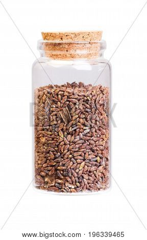 Dried birch buds in a bottle with cork stopper for medical use. High resolution photo.