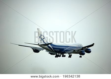 Amsterdam the Netherlands - July 20th 2017: VQ-BLQ AirBridgeCargo Boeing 747 approaching Schiphol Amsterdam Airport Polderbaan runway