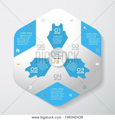 Vector infographic of gradient gray convex hexagonal form with blue corners and arrows concave circle cut from paper with shadows text and icons on the gradient gray background.