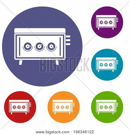 CD changer icons set in flat circle red, blue and green color for web