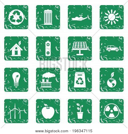Ecology icons set in grunge style green isolated vector illustration