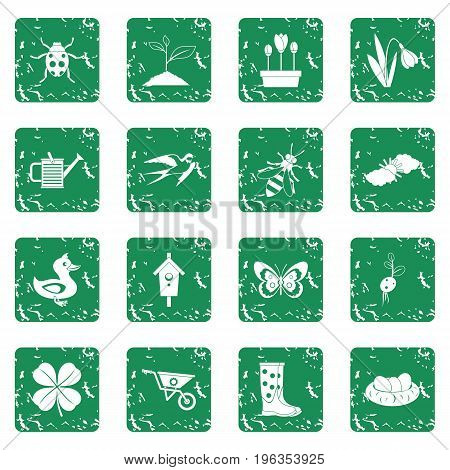 Spring icons set in grunge style green isolated vector illustration