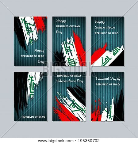 Republic Of Iraq Patriotic Cards For National Day. Expressive Brush Stroke In National Flag Colors O