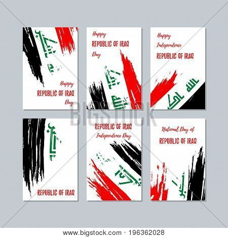 Republic Of Iraq Patriotic Cards For National Day. Expressive Brush Stroke In National Flag Colors O