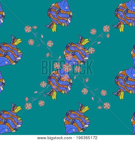 Ink Drawn Style. Vector Illustration. Of A Seamless Fish Pattern In Colors.
