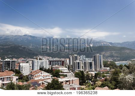 Panoramic view of the new part of Budva. Summer 2017