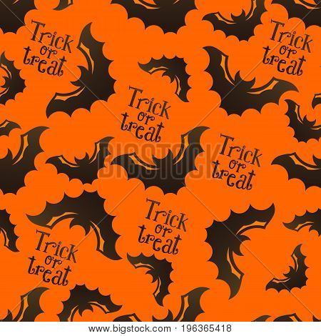 Halloween seamless pattern with bats and Trick or Treat sketch lettering on bright orange background. Modern styled flat design. Recomended for holiday banners, textile, paper cards, seasonal wallpapers, party decoration