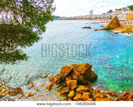 Lloret de Mar Castell Plaja at Sa Caleta beach in costa Brava of Catalonia Spain