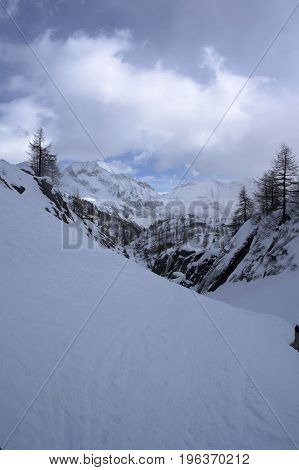 winter day in formazza valley in italy
