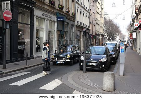 Lyon, France - December 20, 2016: The old street in the historic center and retro car -December 20 2016 in Lyon, France