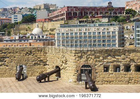 cannons on top of the castle Egg fortress ( Castel dell'Ovo ) in the port of Naples in southern Italy