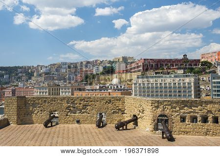 cannons on top of the castle Egg fortress ( Castel dell'Ovo ) in the port of Naples in southern Italy