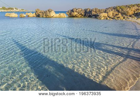 Sea colors .Apulia coast,Italy: Marina di Pulsano beach, Canne Bay (Taranto). Shadows on the shoreline. The coastline is characterized by a suggestive alternation of sandy coves and jagged cliffs overlooking a truly clear and crystalline sea (Italy).