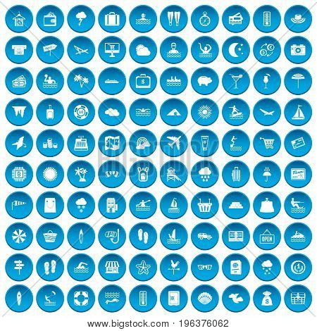 100 seaside resort icons set in blue circle isolated on white vector illustration