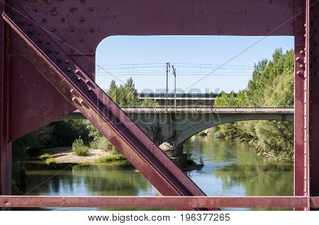Old iron bridge over the River Esla, in Leon Province, Spain
