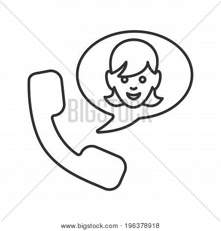 Phone talk with girl linear icon. Thin line illustration. Handset with girl inside chat box. Contour symbol. Vector isolated outline drawing