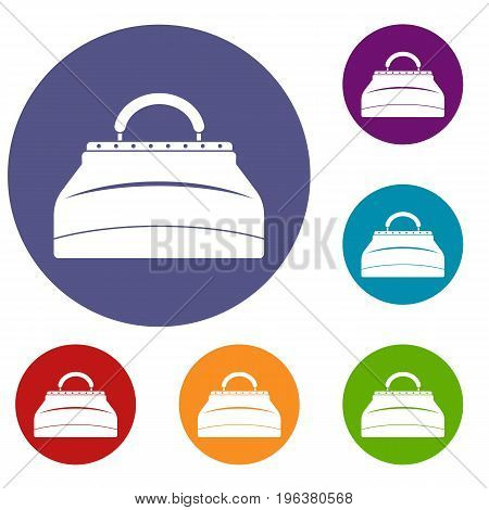 Carpetbag icons set in flat circle red, blue and green color for web