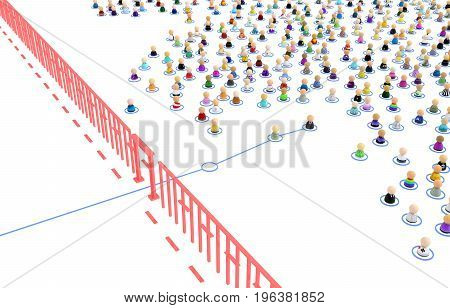 Crowd of small symbolic 3d figures linked by line border crossing isolated