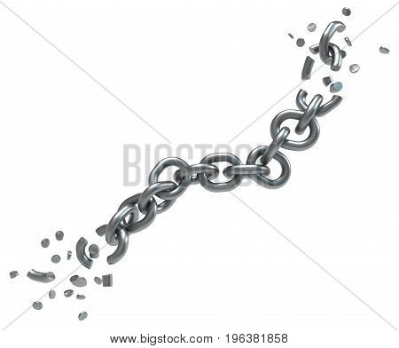 Breaking chain fragment dark metal 3d illustration isolated horizontal over white
