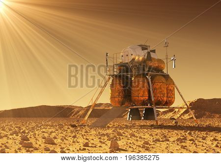 Descent Module Of Interplanetary Space Station In The Rays Of Martian Sun. 3D Illustration.
