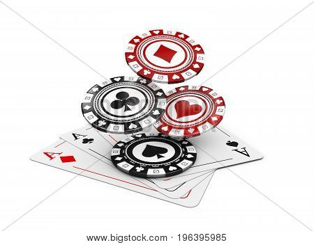 3D Illustration Of Pocker Chips With Pocker Card, Casino Concept