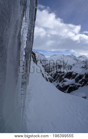 frozen waterfall in formazza valley during winter