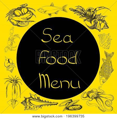 Hand drawn Seafood set. Octopus, fish, oysters, crab, shellfish and mussels. Vector illustration in old ink style.