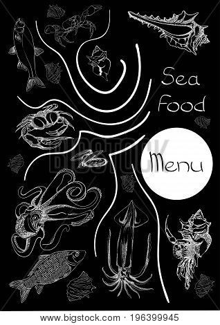 Hand drawn Seafood set. Octopus, fish, oysters, crab, shellfish and mussels. Vector illustration in old ink style.