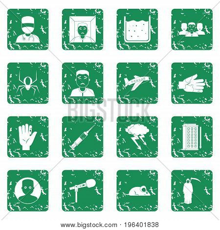 Phobia symbols icons set in grunge style green isolated vector illustration