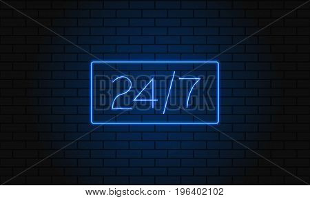 Open 24 7 Hours Neon Light On Brick Wall. Vector Illustration. 24 Hours Night Club Bar Neon Sign.