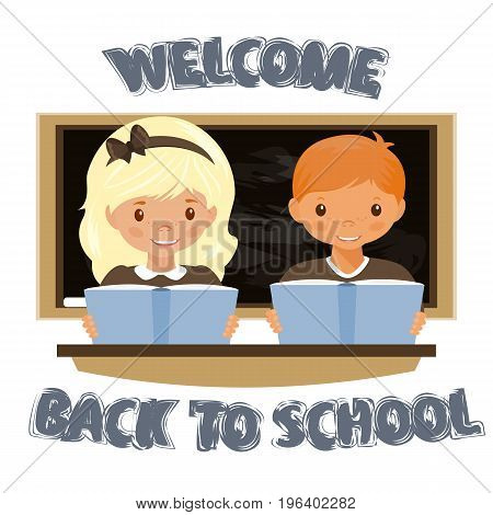 Children sitting at the Desk . Welcome to the school. The return to school. Stock vector.