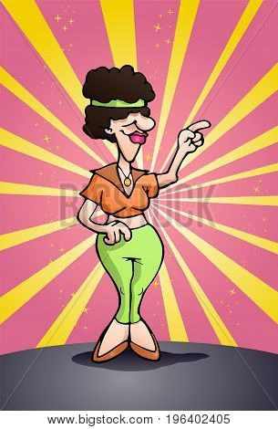 illustration of a disco queen dancing on bright stage background