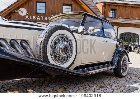FRYDAVA Czech Republic - 18 July 2017. Bugatti Beauford car on the stone road in willage Frydava South Bohemia. Luxury historical car special edition
