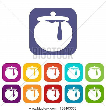 Honey pot icons set vector illustration in flat style in colors red, blue, green, and other