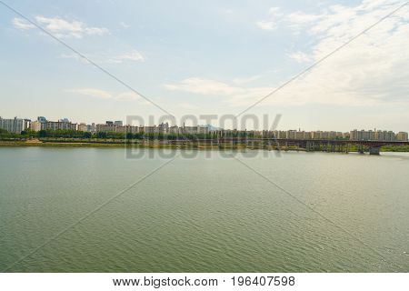 SEOUL, SOUTH KOREA - CIRCA JUNE, 2017: view of Han River in Seoul. The Han River or Hangang is a major river in South Korea.