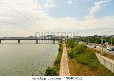 SEOUL, SOUTH KOREA - CIRCA JUNE, 2017: view of Han River in Seoul. The Han River or Hangang is a major river in South Korea.