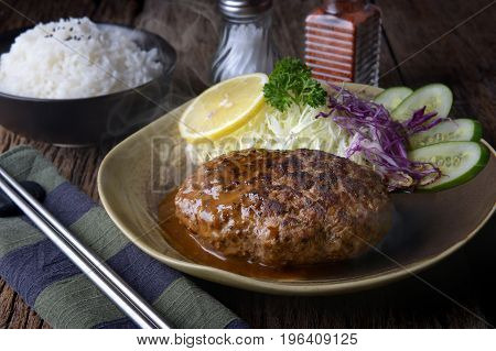 Japanese Style Hamberger Or Hamberg Serve With Gravy Sauce.