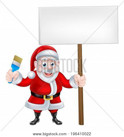 Cartoon Santa Claus holding a paintbrush and sign board