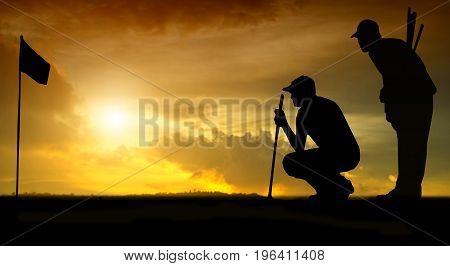 silhouette of golfers hit sweeping and keep golf course in the summer for relax time