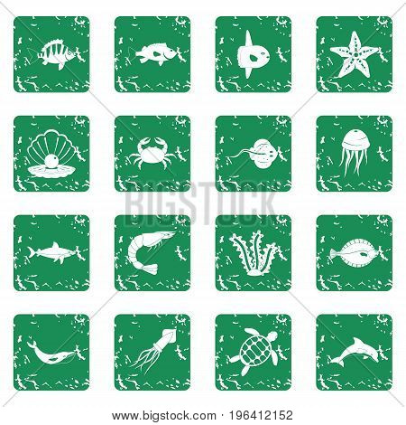 Sea animals icons set in grunge style green isolated vector illustration